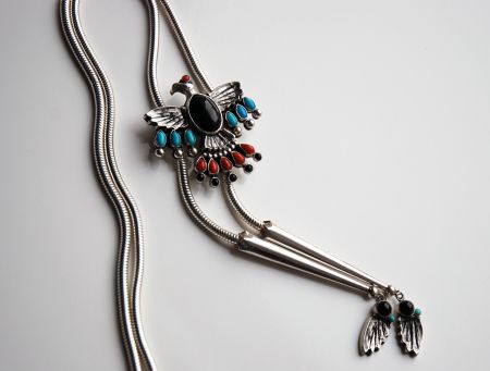 Giniw the Black Headed War Eagle is a model for this Thunderbird bolo tie