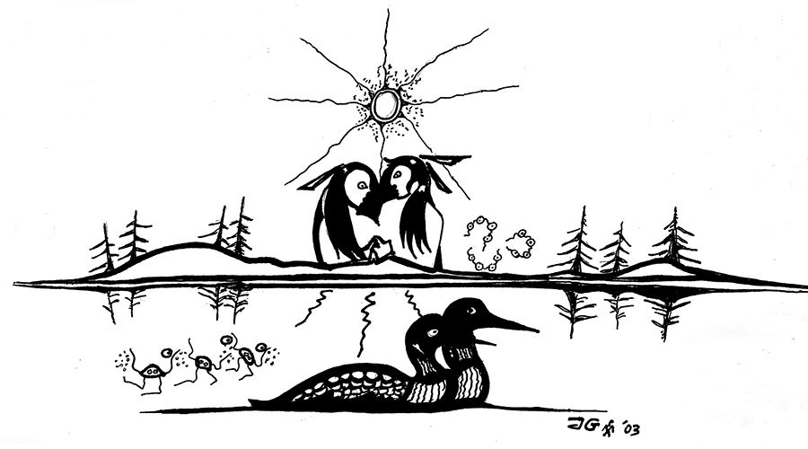 Wiidigemaaganag pen and ink drawing by Native Woodland artist Zhaawano Giizhik