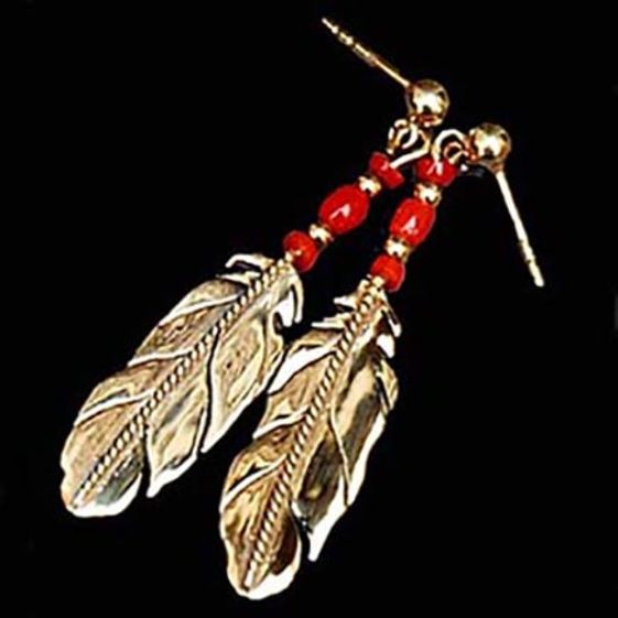 Sky Spirit gold and red coral eagle feather earrings by ZhaawanArt