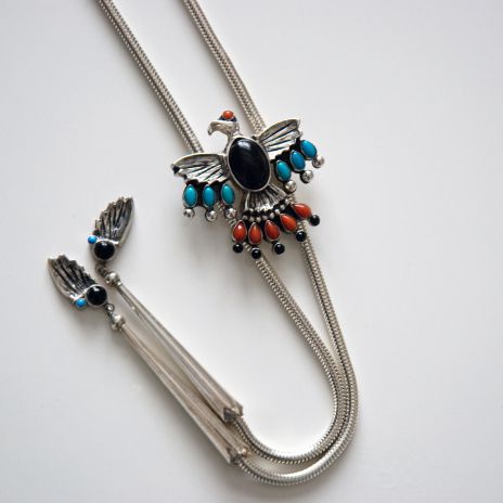 Sterling silver bolo tie depicting a Thunderbird in flight