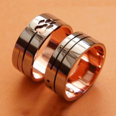 Anishinaabe Gakina-awiiya bicolor gold overlay wedding bands