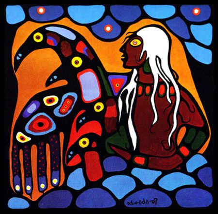 Norval Morrisseau canvas Warrior with Thunderbirds