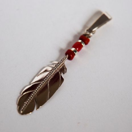 White gold and red coral Ojibwe eagle feather pendant