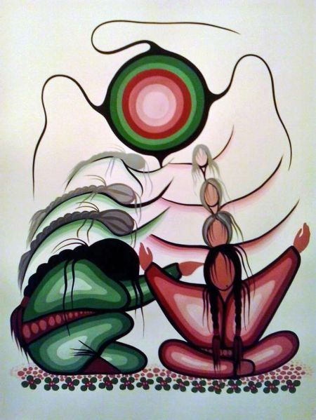 Ojibwe First Nations Woodland painter Simone McLeod acrylic on water watercolor paper Nakodamowin (The Promise)