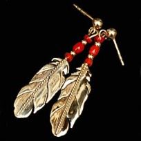 Native American style gold and red coral post back earrings Sky spirit