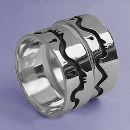 Sterling silver Anishinaabe pictographic style wedding ring set Bosom of the Earth