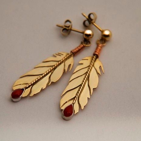 Anishinaabe-style 21K gold set of eagle feather post-back earrings mounted with red corals