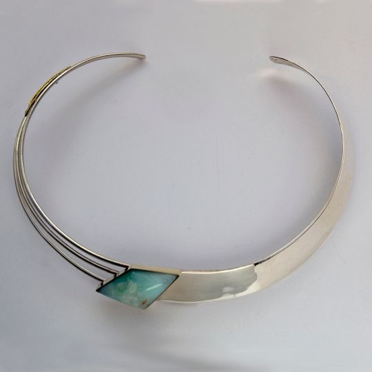 Silver, gold and larimar stone choker necklace by Zhaawano Giizhik titled On the Path of Life; Like a Seed, the Child