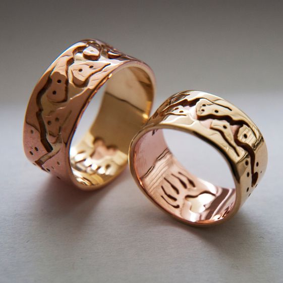 Native American wedding rings depicting the Midewiwin Life Road