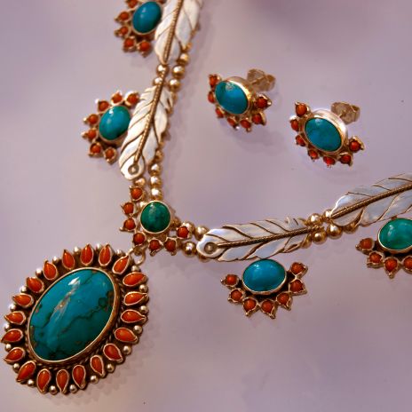 Sterling silver Ojibwe squash blossom and earring set Everlasting Fire Of Life