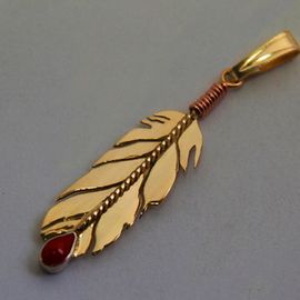 Native American style gold and red coral eagle pendant Touches the Sun