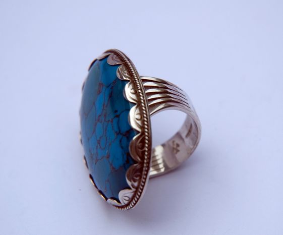 Anishinaabe Ojibwe Native American-inspired ladies' ring of silver and turquoise - Gichigamiin, Akiiwin Onda'inaan 
