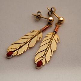 Gold and red coral post-back earrings Touches the Sun