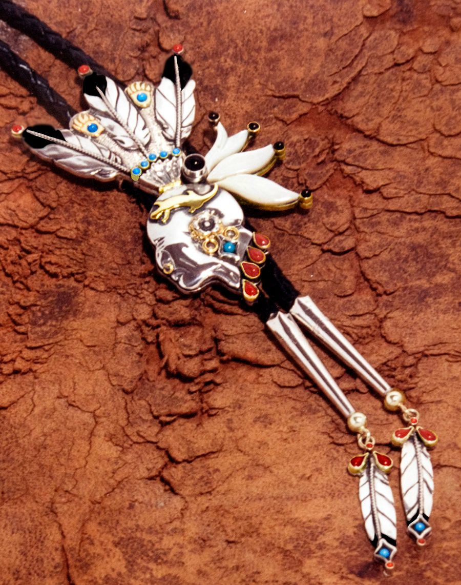 Chief Pontiac Native American silver and gold bolo tie
