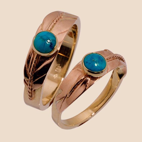 Turquoise Dream, red and yellow gold eagle feather wedding rings by Zhaawano Giizhik set with turquoise stones