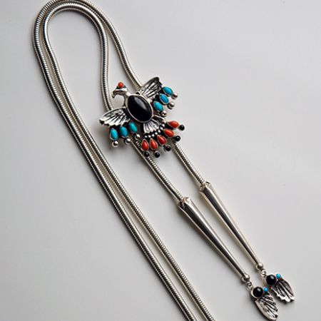 Thunderbird bolo tie designed and handcrafted by Native Woodland jeweler Zhaawano Giizhik