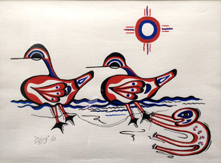 Nanabush and the Ducks acrylic by Daphne Odjig