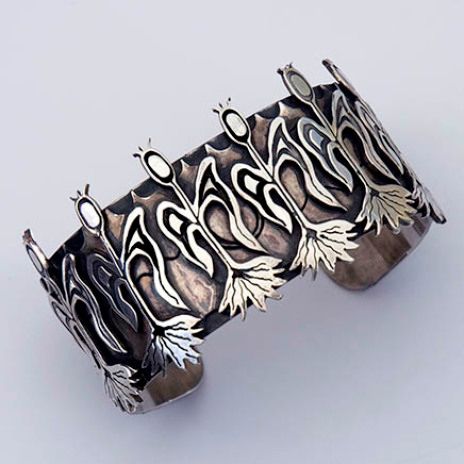 Anishinaabe-style silver corn bracelet by Native Woodland jeweler Zhaawano Giizhik