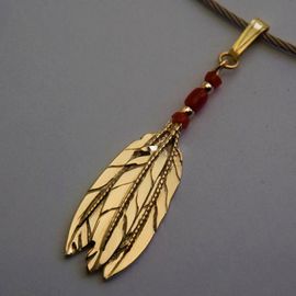 Anishinaabe Midewiwin inspired collar necklace of gold, red coral and stainless steel